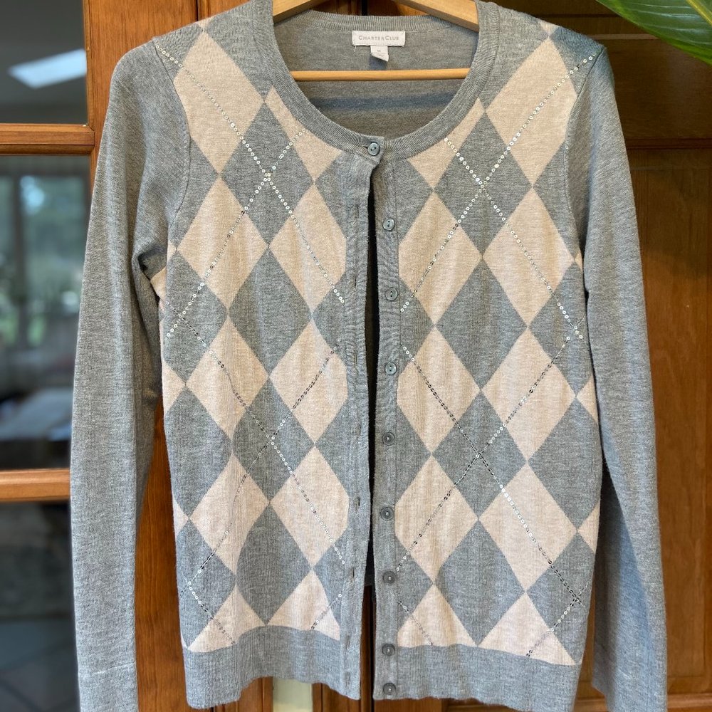 Charter Club grey and pink with sequins cardigan sweater, size M
